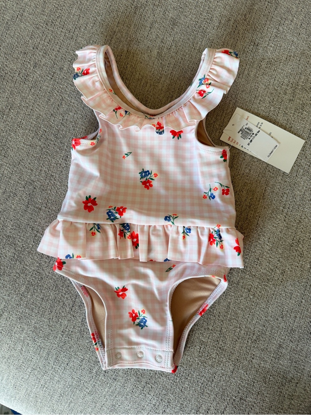 Old Navy Pink Gingham Floral Ruffle Baby One-Piece